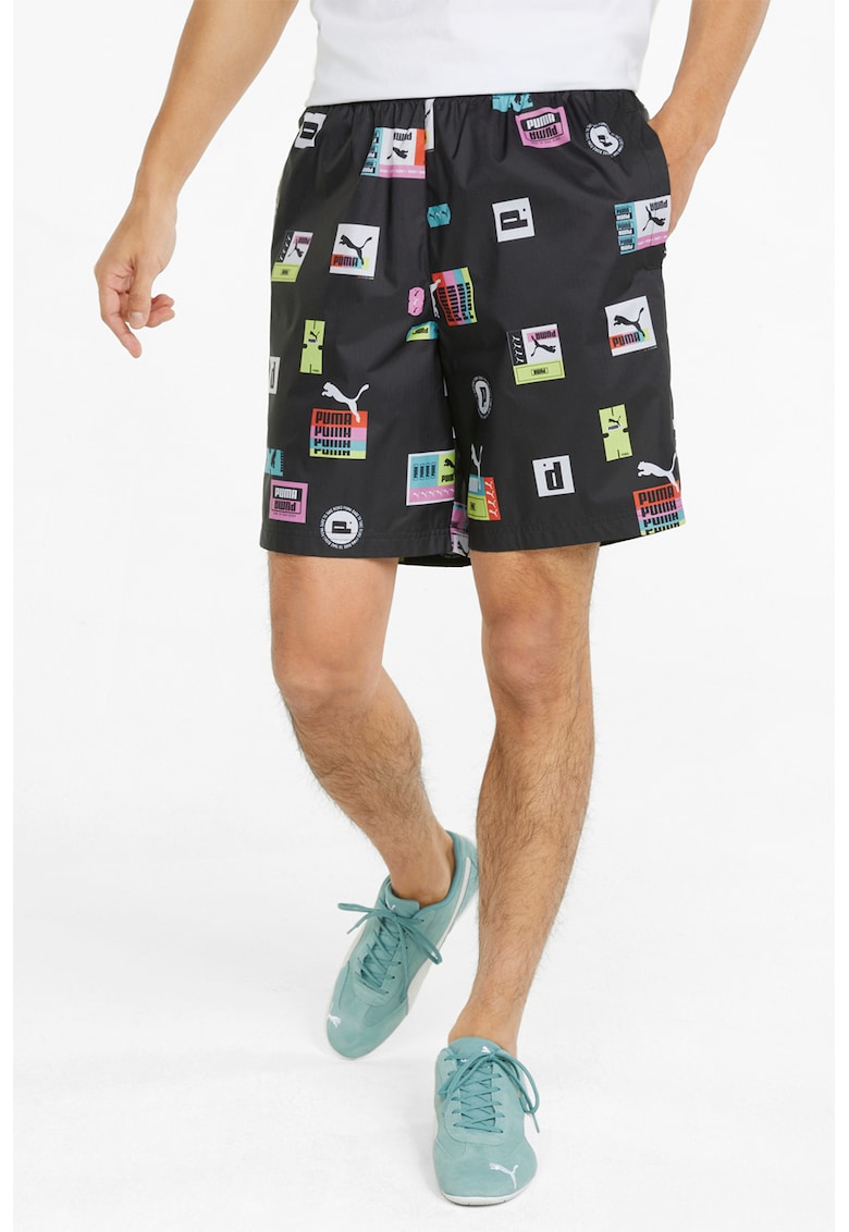 Pantaloni scurti cu imprimeu logo Brand Love - Negru/Galben/Albastru