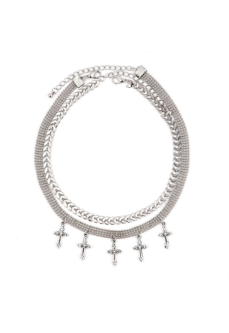 Colier in 2 straturi - argintiu - cu cruciulite - Dordia C24 -