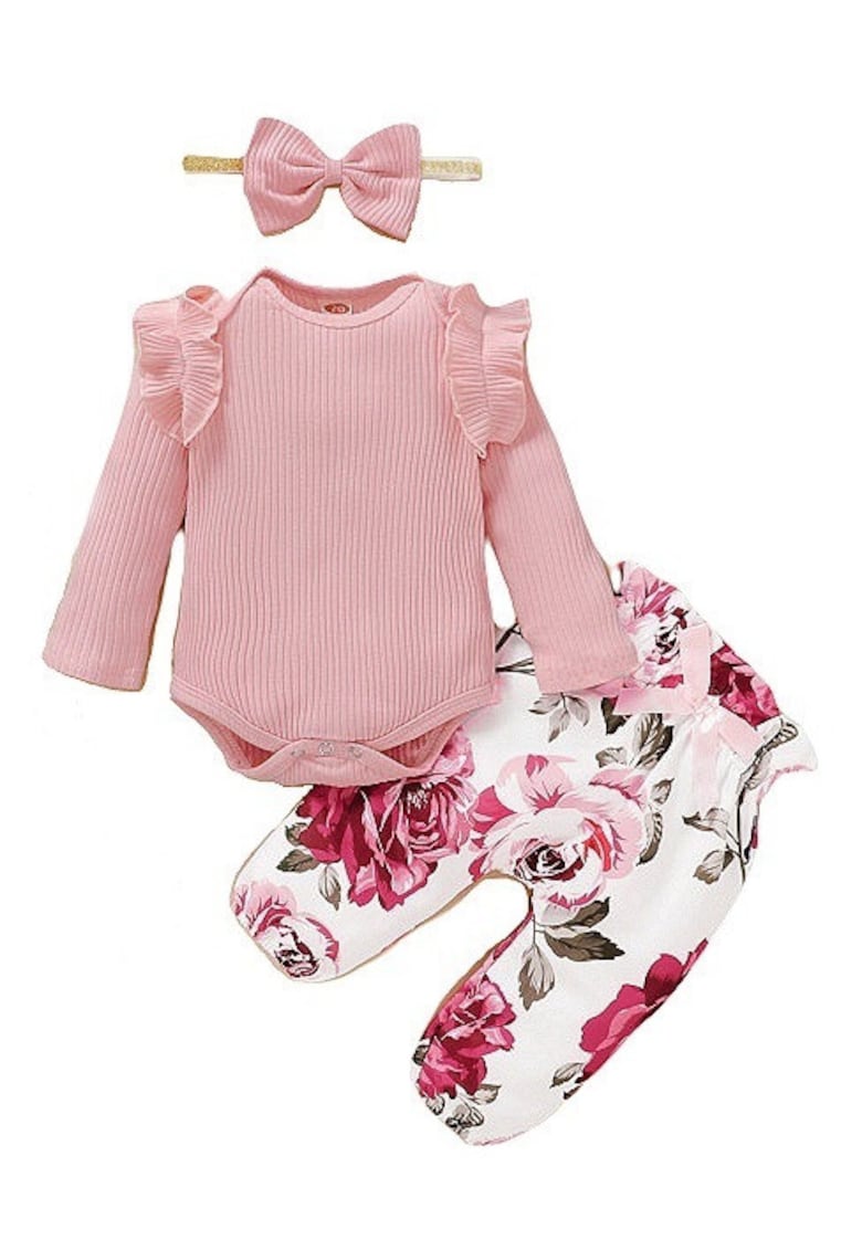 Compleu Cu Body Roz Si Pantalonasi Cu Trandafiri - Maneca lunga - Multicolor - Floral - Fete