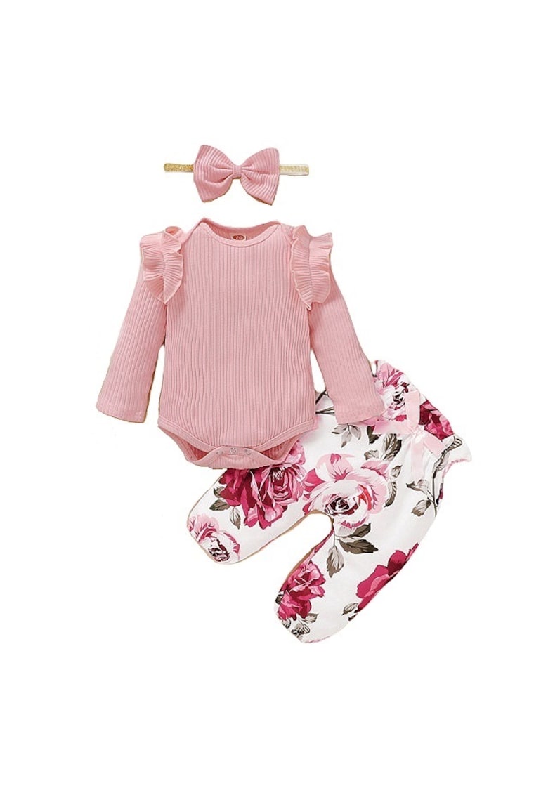 Compleu Cu Body Roz Si Pantalonasi Cu Trandafiri - Maneca lunga - Multicolor - Floral - Fete