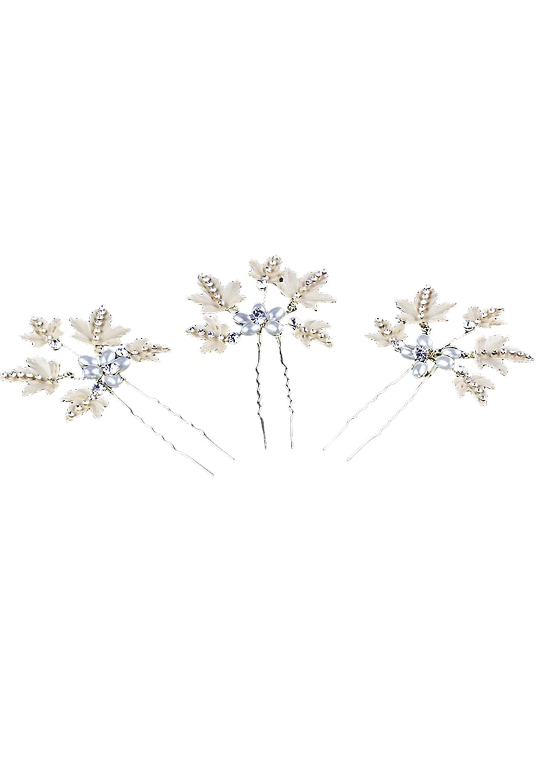 Set 3 accesorii par - aurii - tip ac - cu perle si frunzulite - Edina C5 -