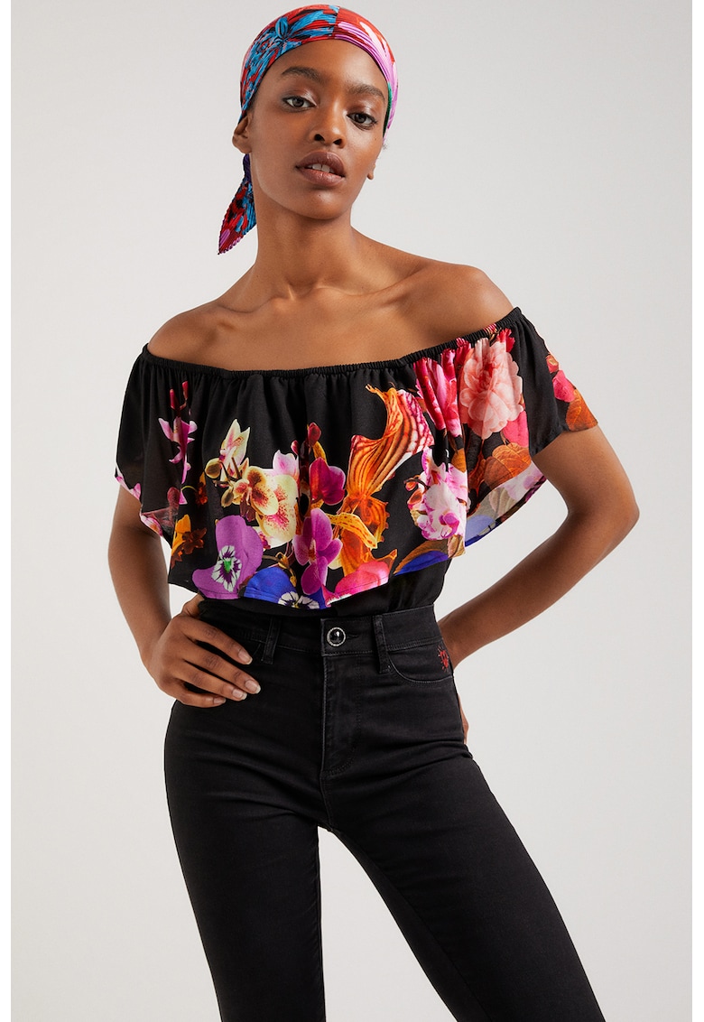 Body cu decolteu pe umeri si imprimeu floral - Negru/Portocaliu/Roz