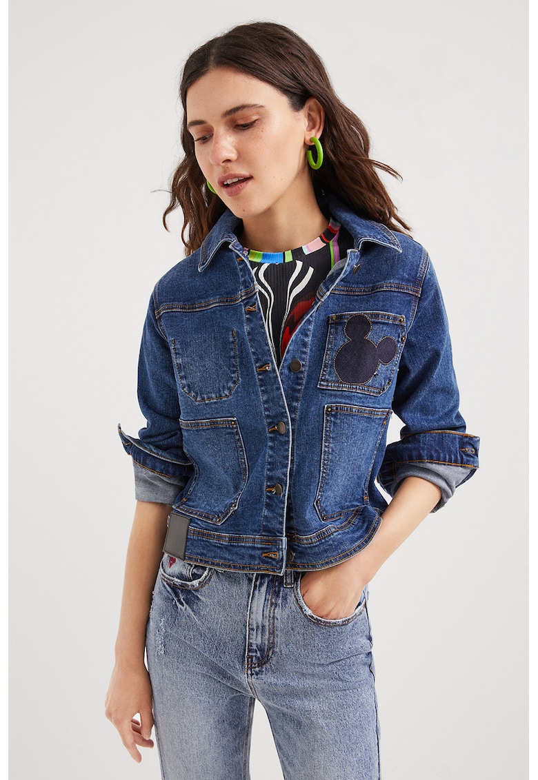 Jacheta de denim cu aplicatie Mickey Mouse pe partea din spate - Albastru inchis