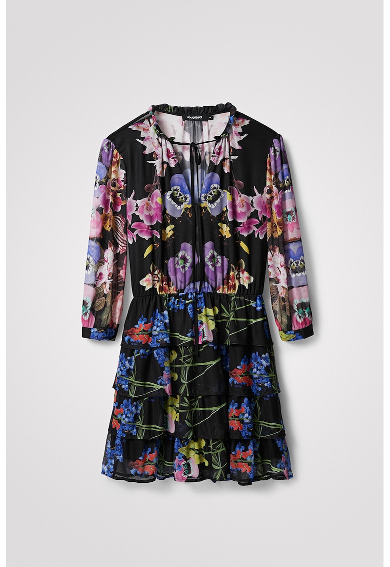 Rochie cu model floral si volane stratificate - Multicolor