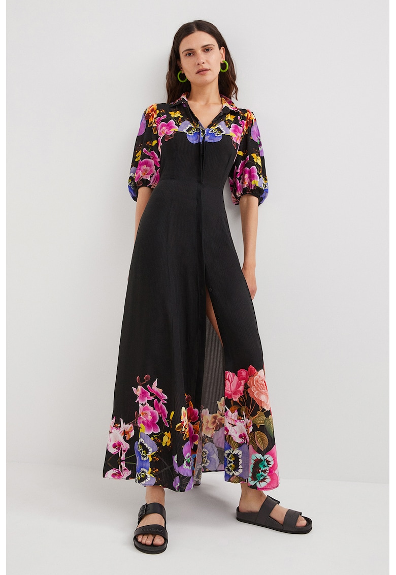 Rochie lunga cu imprimeu floral - Verde/Negru/Roz