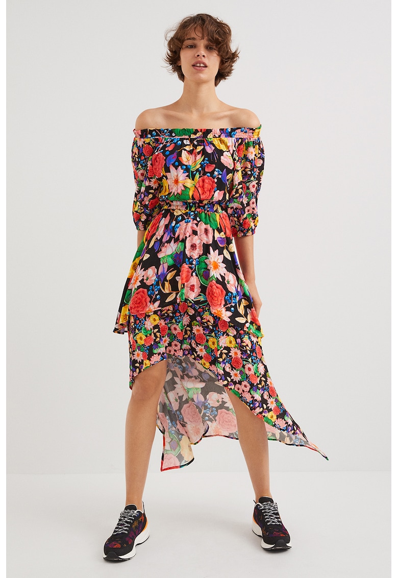Rochie cu decolteu pe umari si imprimeu floral - Multicolor