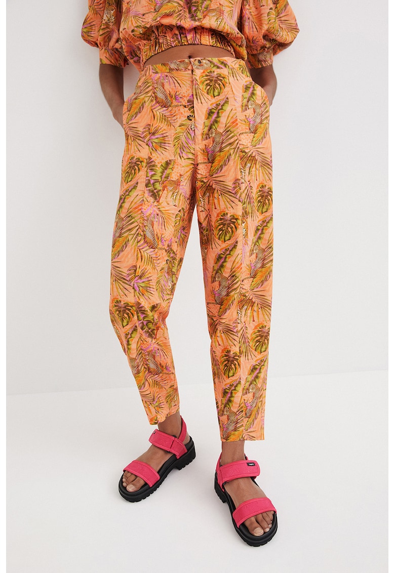 Pantaloni din amestec de in cu imprimeu tropical amestec imagine noua gjx.ro