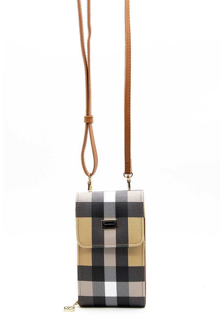 Geanta crossbody in carouri - pentru telefon - Alb - Negru