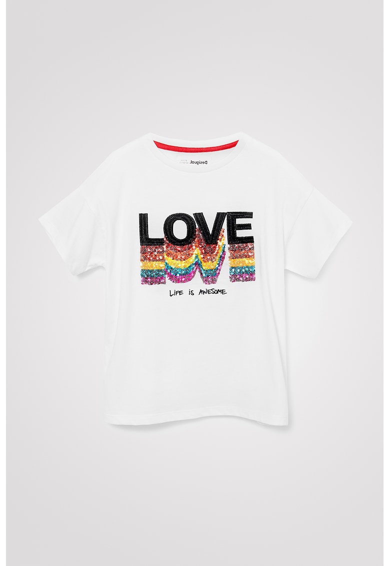 Tricou regular fit cu aplicatie text cu paiete