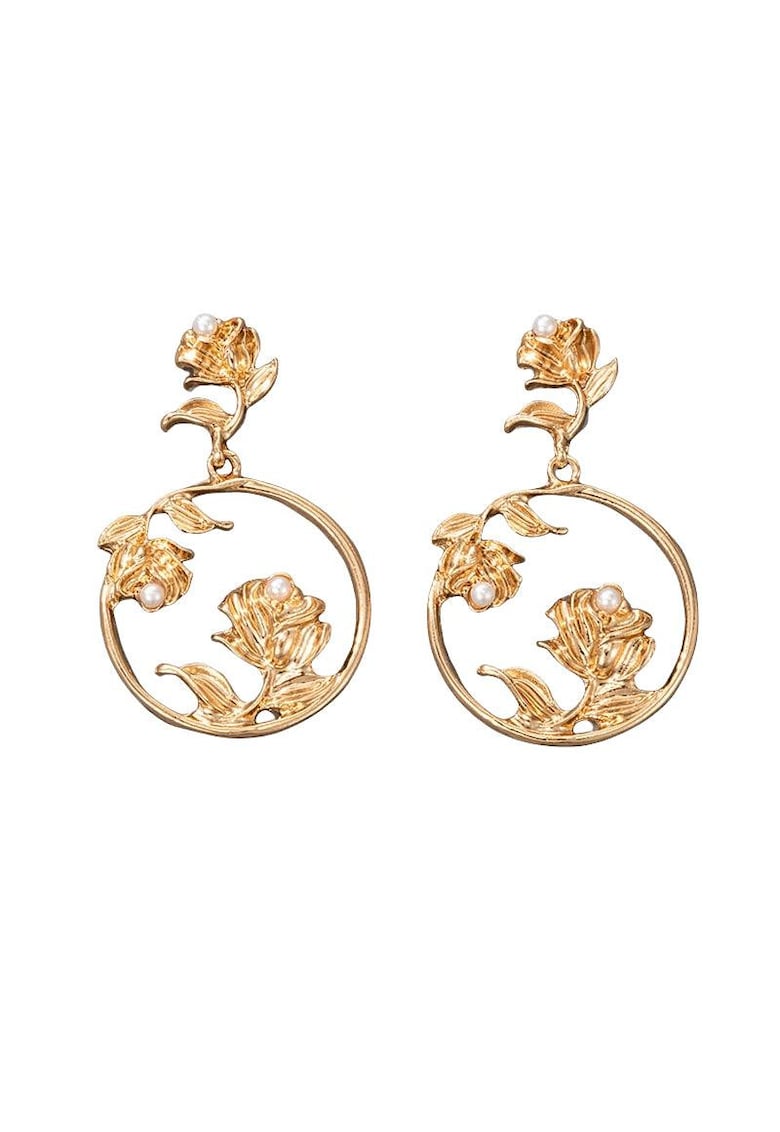 Cercei aurii - rotunzi - cu flori si perlute - Eryn C16 -