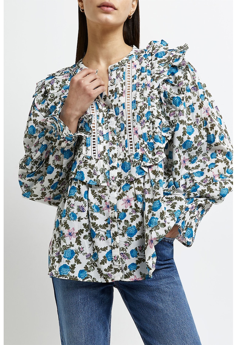 Bluza cu guler tunica - imprimeu floral si volane