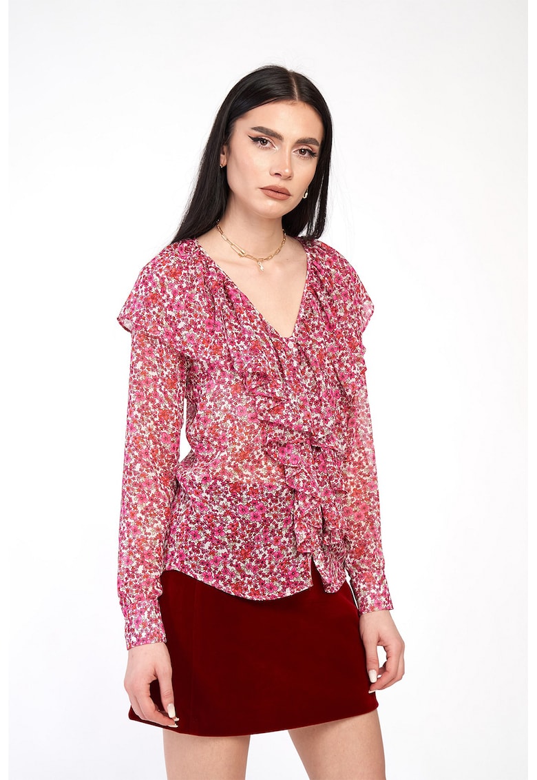 Bluza cu decolteu in V - model floral si volane