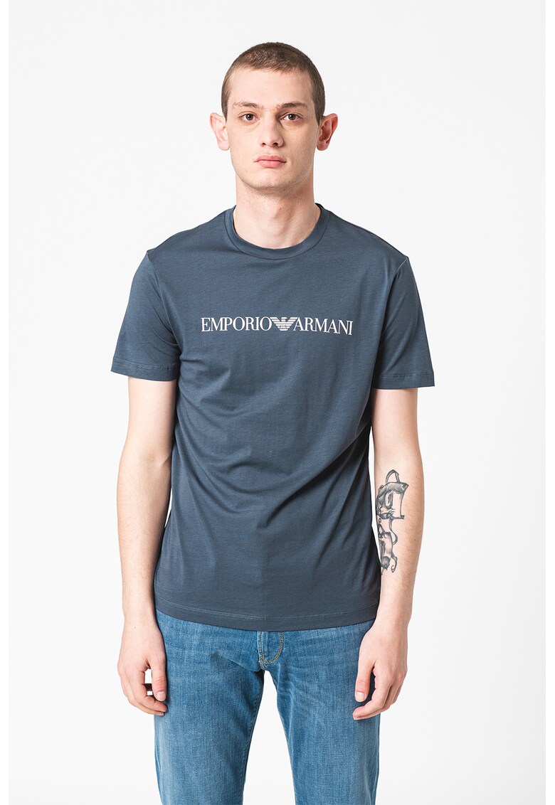 Tricou cu imprimeu logo contrastant si decolteu la baza gatului Emporio Armani  Imbracaminte