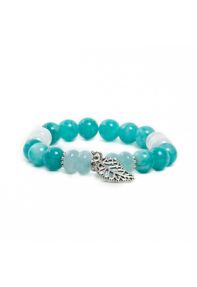 Bratara dama Sandrina - realizata manual - din pietre semipretioase de Amazonit si Morganite cu charm frunza - margele de 8mm - turcoaz-alb - 17-18cm