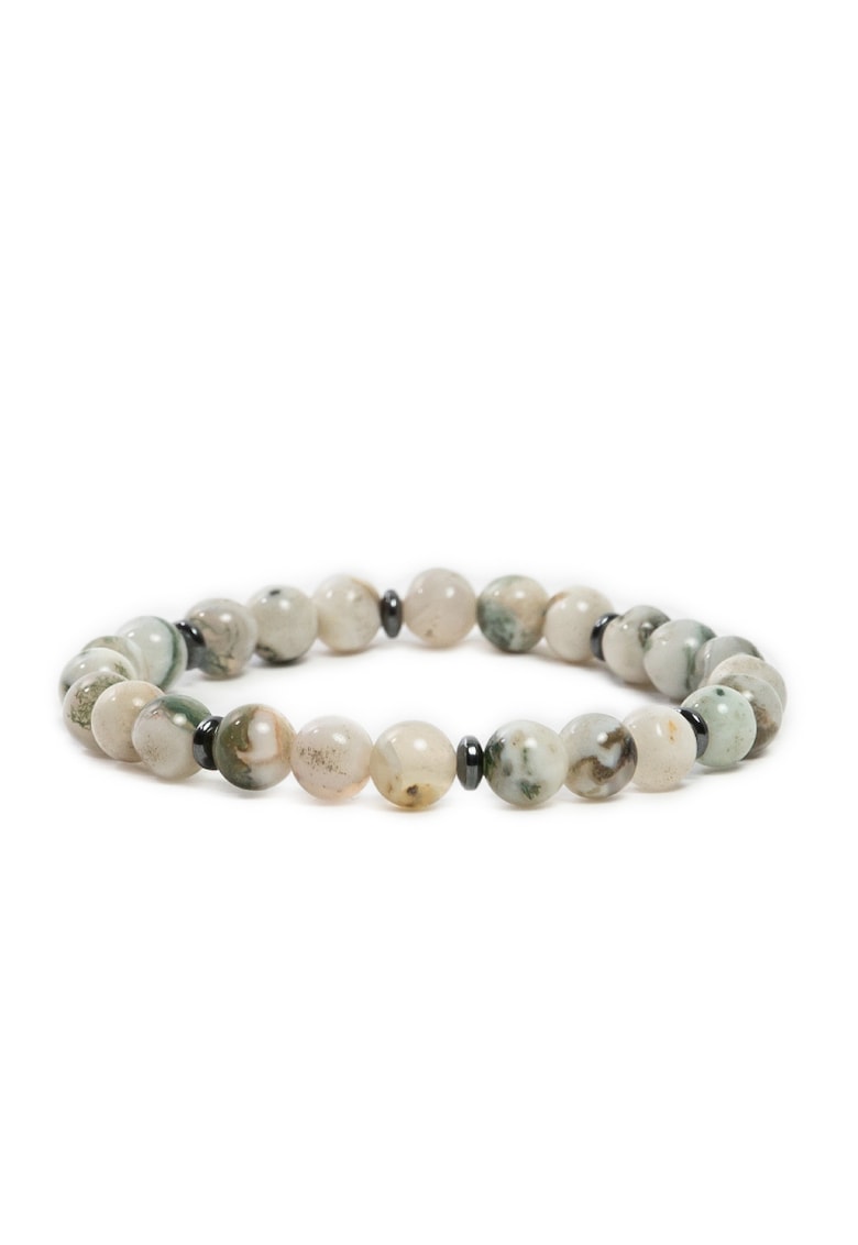 Bratara Handmade femei - din cristale Moss Agate - Rihana - sfere de 6mm - alb-verde -