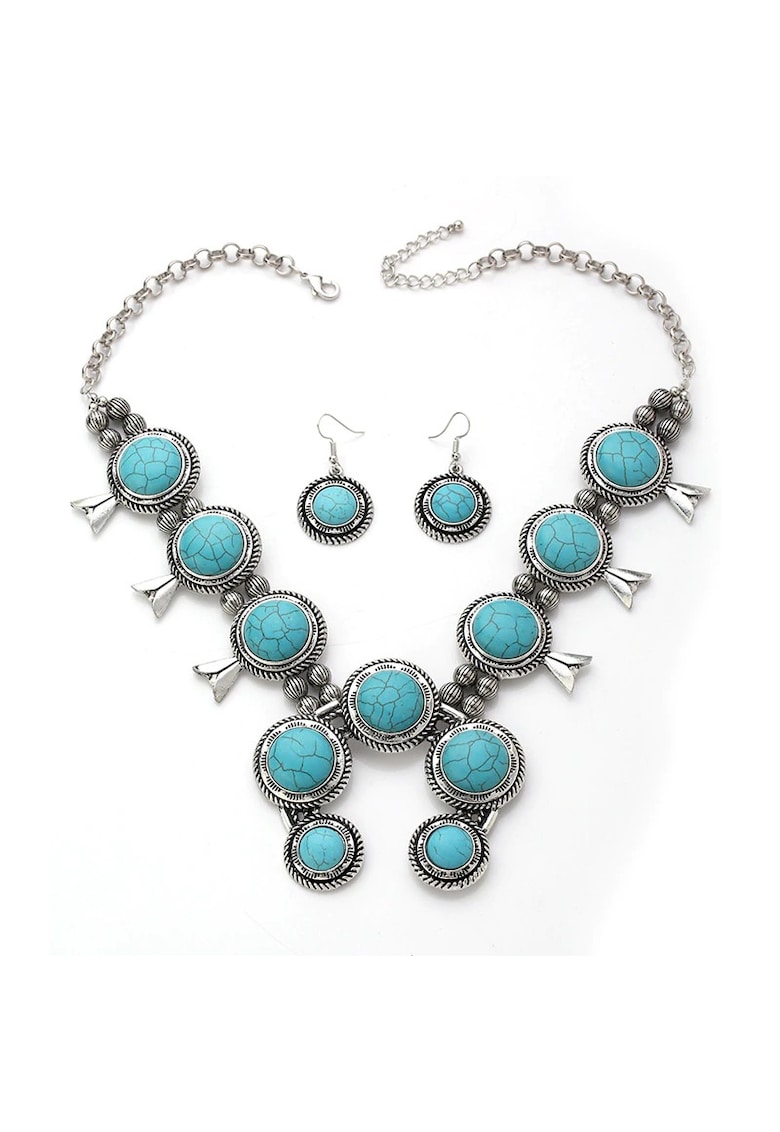 Set colier si cercei - argintiu - masiv - cu pietre turquoise - Hilvor C1 -