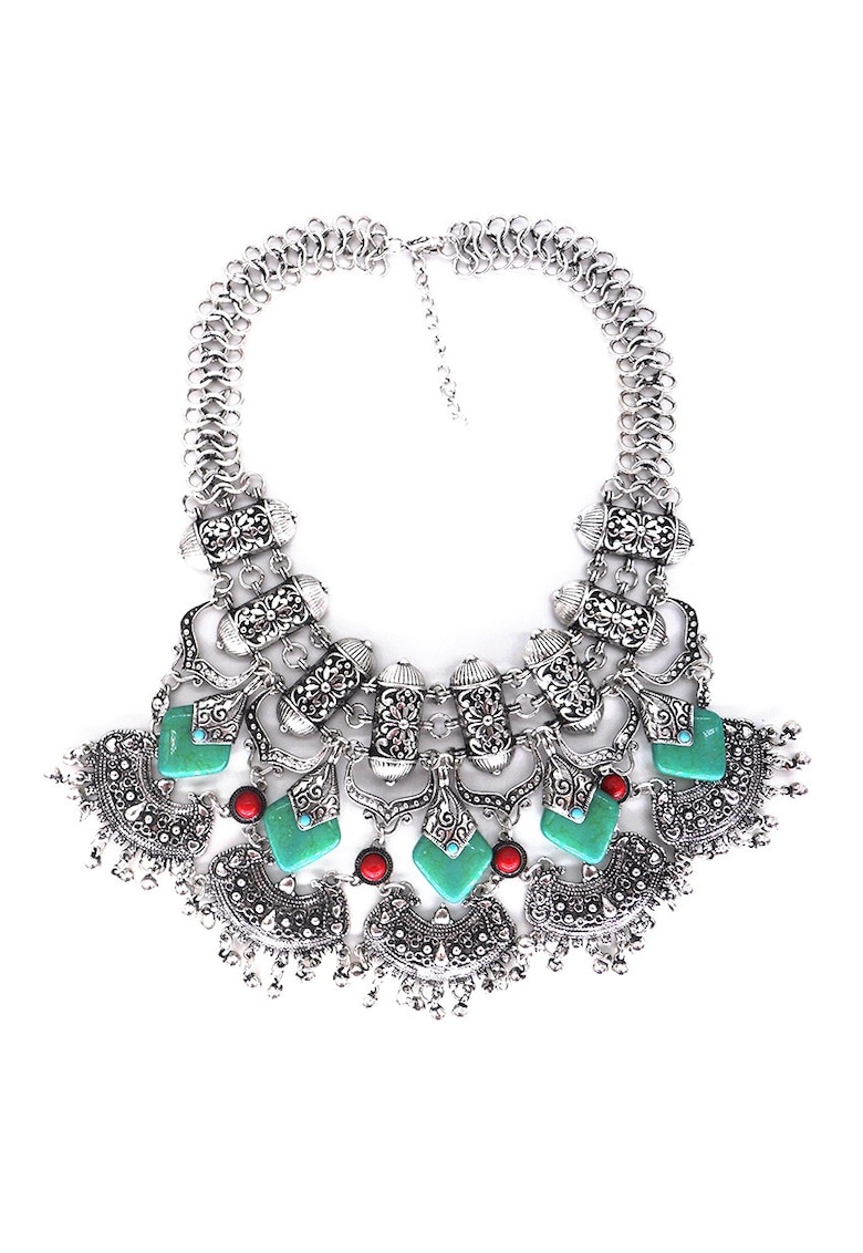 Colier argintiu - masiv - cu pietre turquoise si rosii - Hilve C1 -