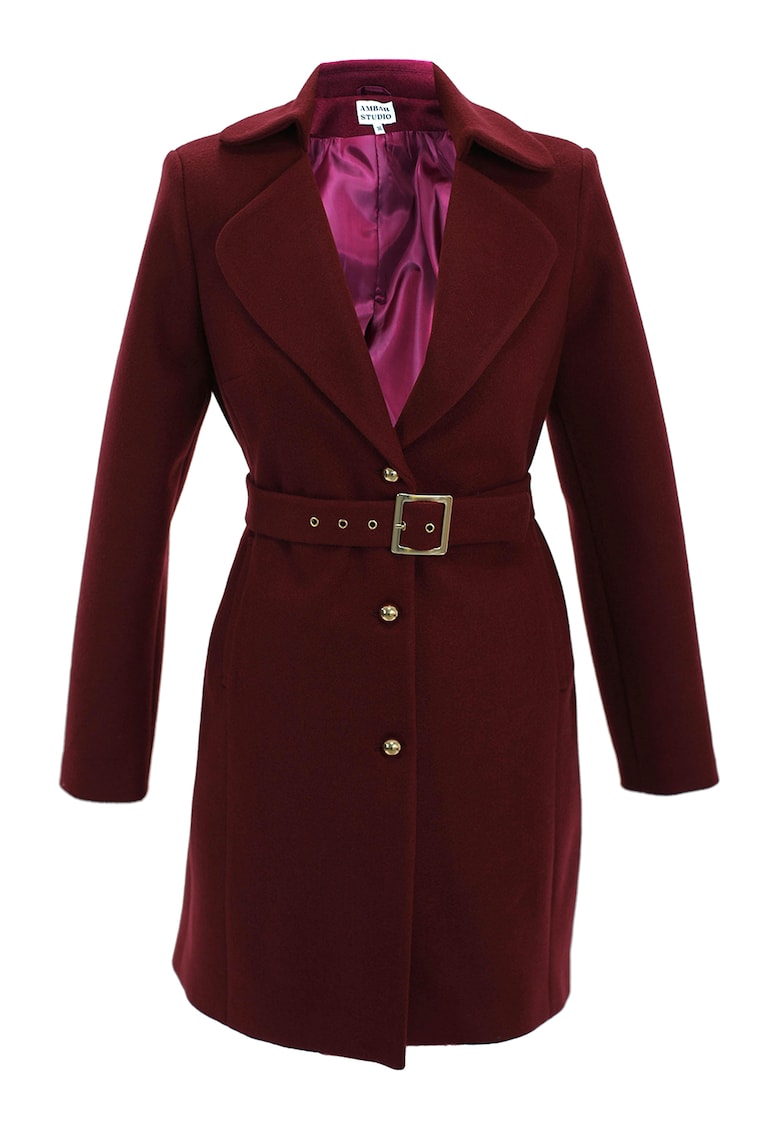Palton din amestec de lana cu o curea asortata - Visiniu