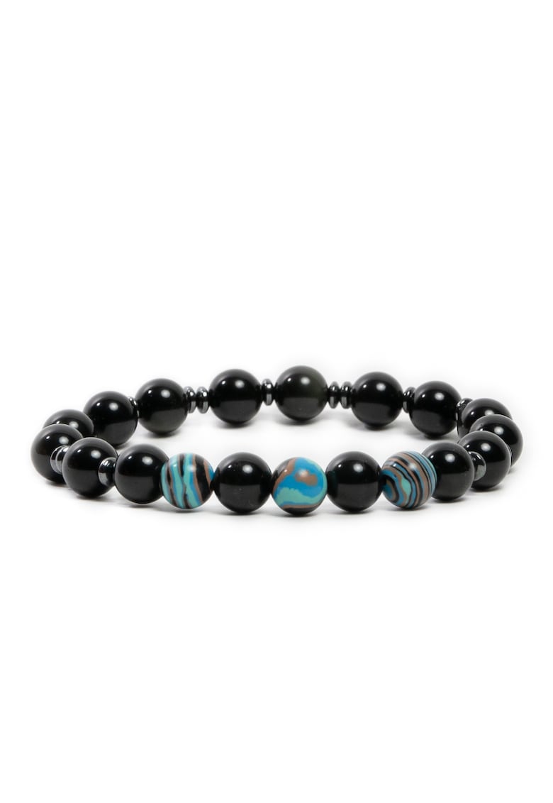 Bratara barbati handmade - din cristale de Obsidian cu sfere Compozit Albastru - Deven - sfere de 8 mm - negru-albastru - 19 cm
