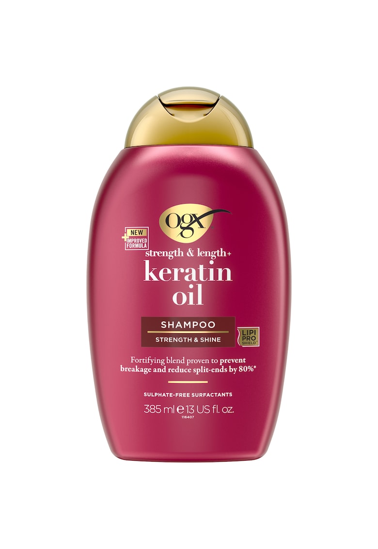 Sampon cu keratina si ulei de argan OGX Keratin Oil - ofera rezistenta si lungime - pentru par deteriorat - cu surfactanti fara sulfati - 385 ml