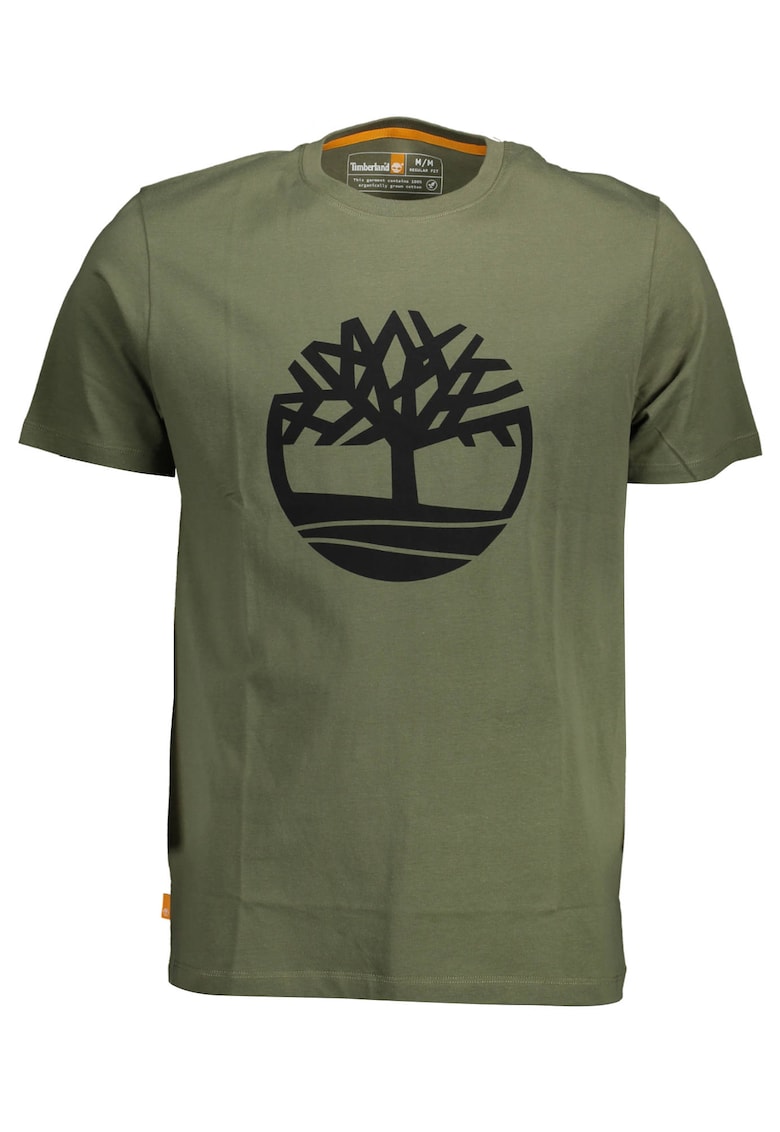 Tricou barbati din bumbac organic cu imprimeu cu logo si croiala Regular fit - Verde inchis