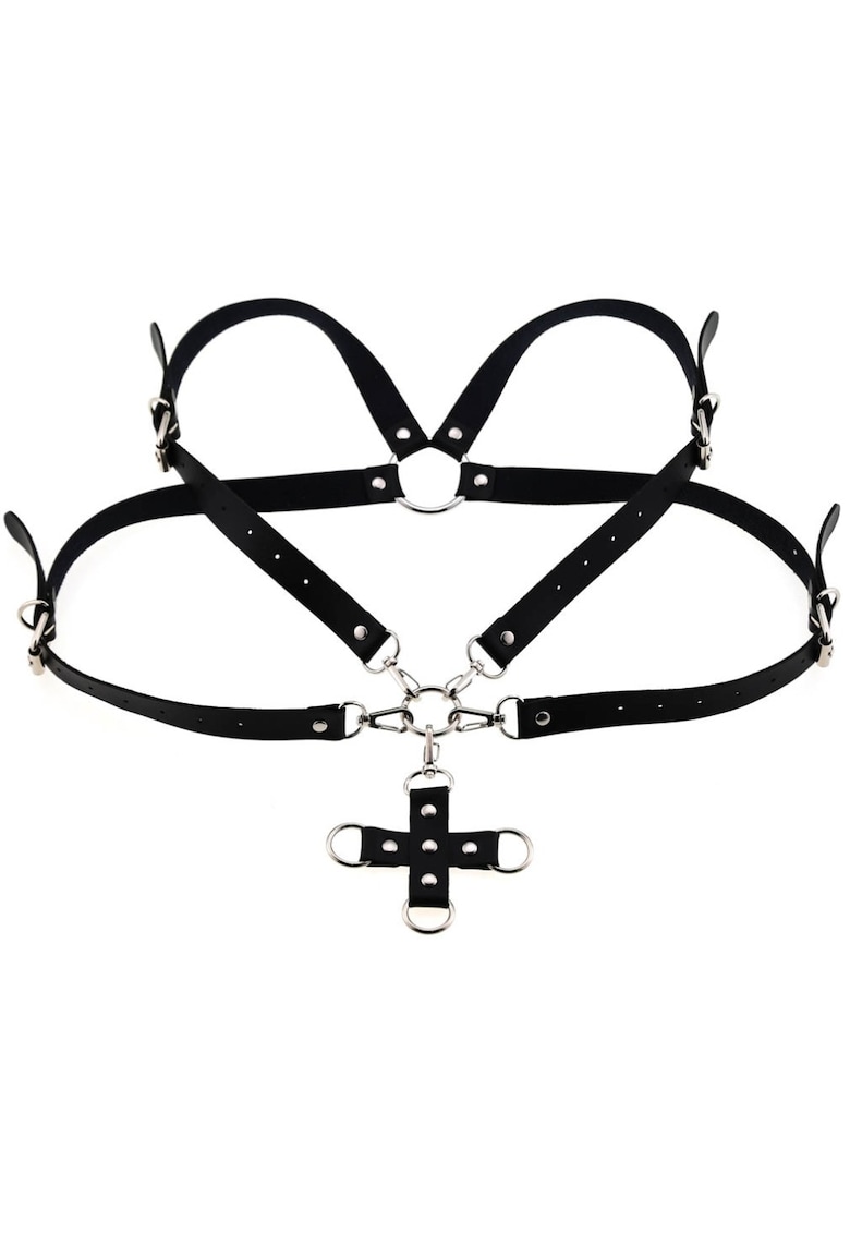 Lant de corp - negru - din piele ecologica - cu cruce - marime universala - Kaila C18 -