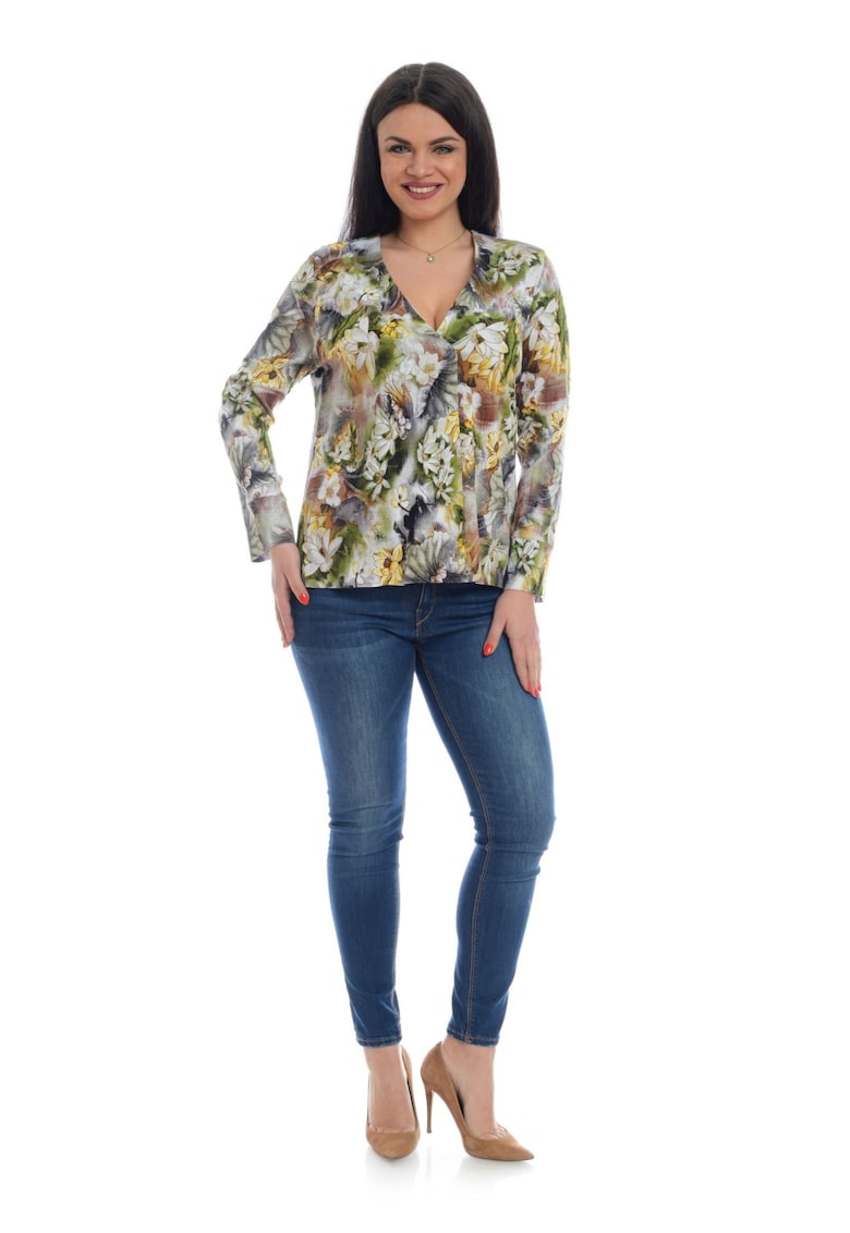Bluza de dama - multicolora - cu imprimeu floral si decolteu in V