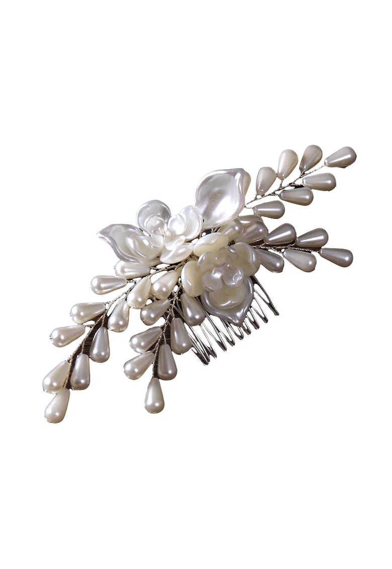 Set accesoriu de par si cercei -  argintiu - cu flori albe si perle - 15.5 cm - Megan C9