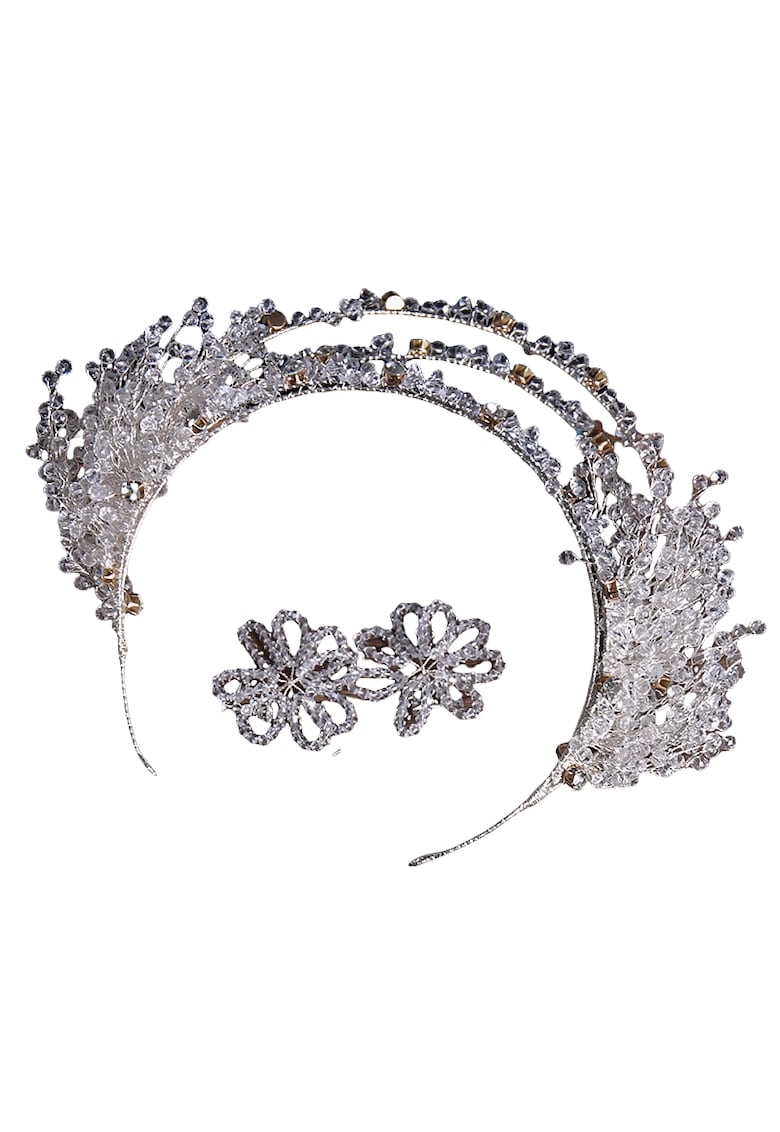 Set coronita si cercei -  argintiu - cu cristale - 58 cm - Meia C9