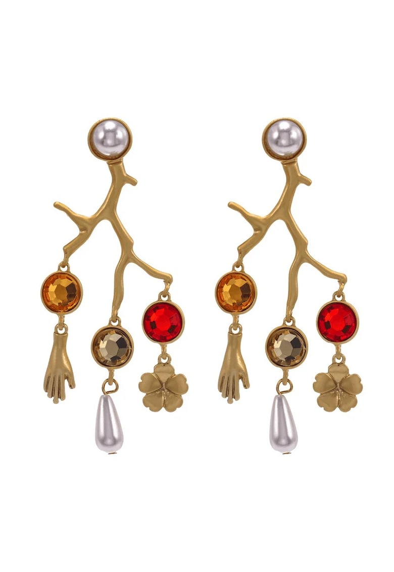 Cercei aurii - in forma de crengute - cu pietre si perle - 9 cm - Rudina C5