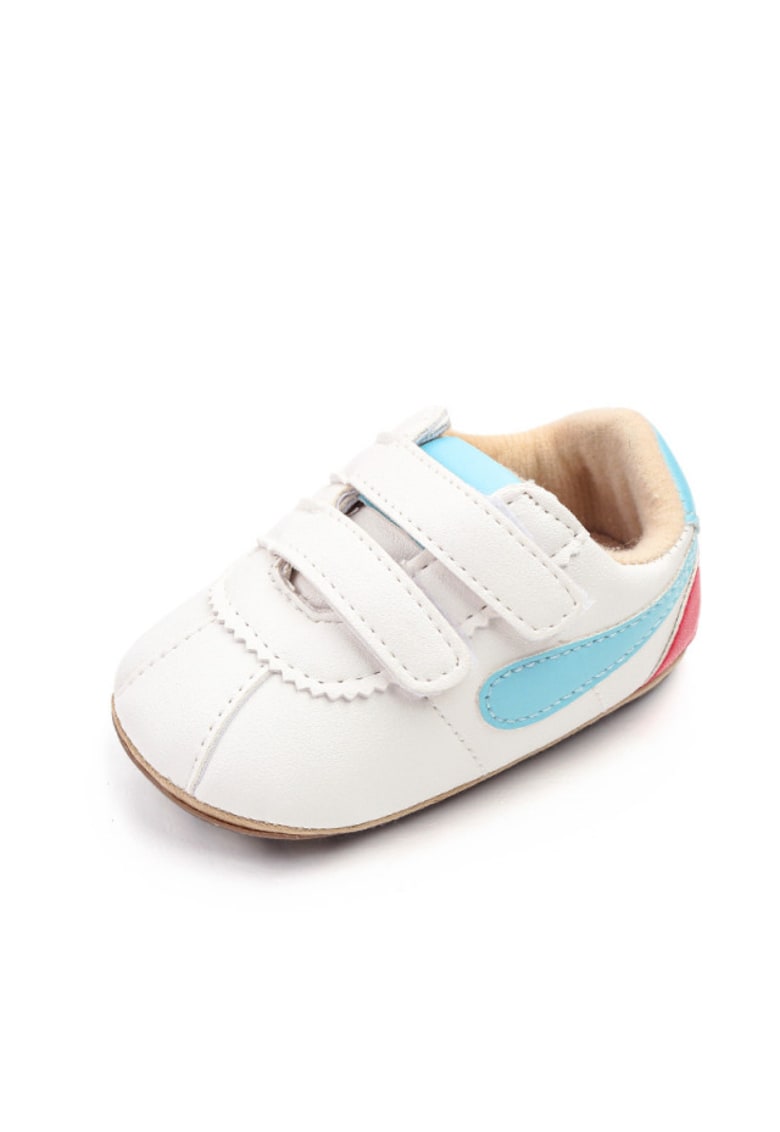 Pantofi Sport Velcro - Piele ecologica - Alb/Albastru deschis