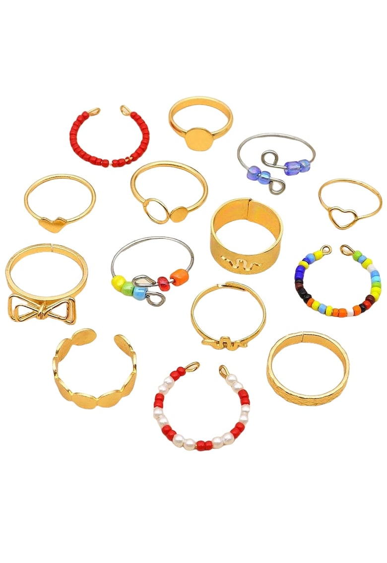 Set 14 inele - aurii - cu margelute colorate - Sarina C4 -