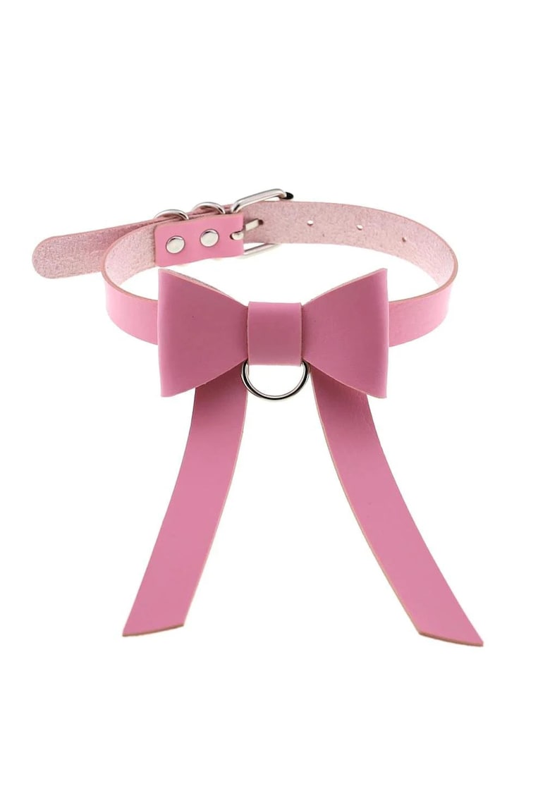 Colier choker roz - din piele ecologica - cu fundita - Sasha C19 - Colier choker roz - din piele ecologica - cu fundita - Sasha C19 -