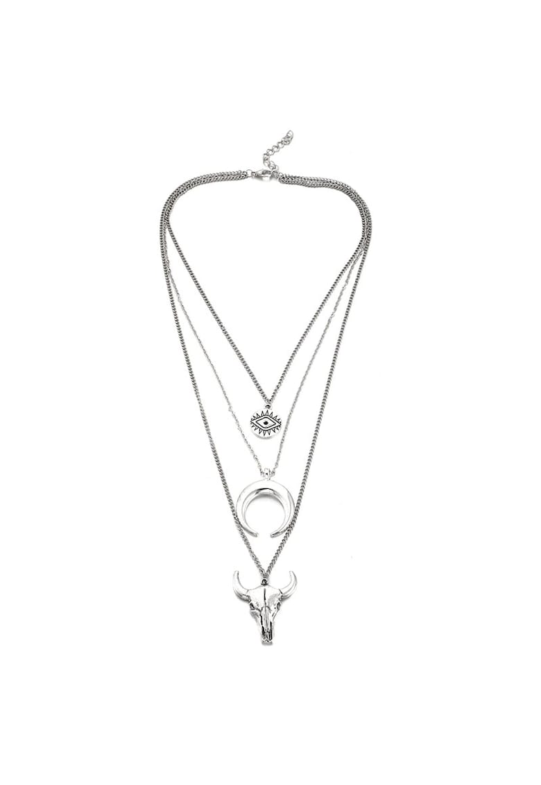 Colier argintiu - in 3 straturi - cu semiluna si cap de taur - Shiela C22 -