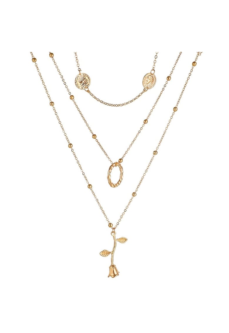 Colier auriu - in 3 straturi - cu banuti si trandafir - Serine C21 -