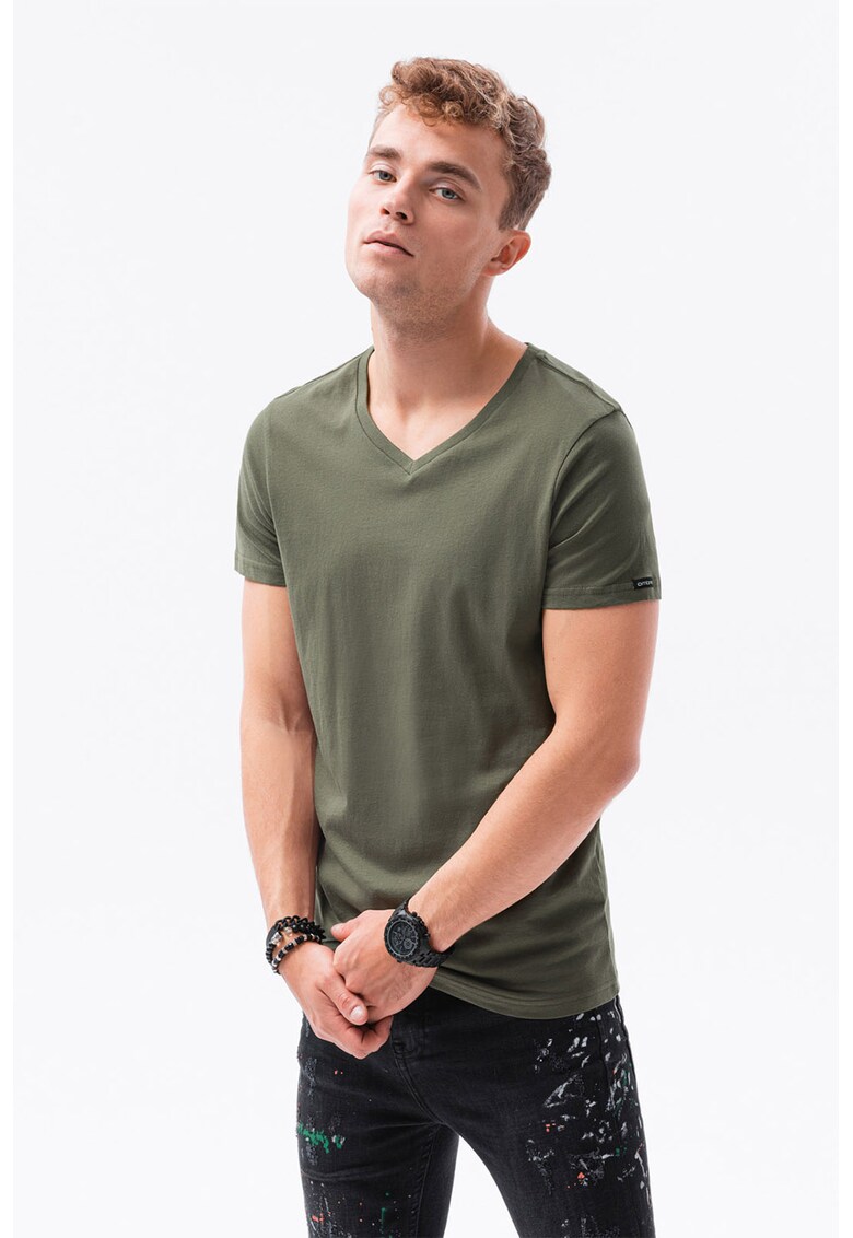 Tricou de bumbac cu decolteu in V - Kaki