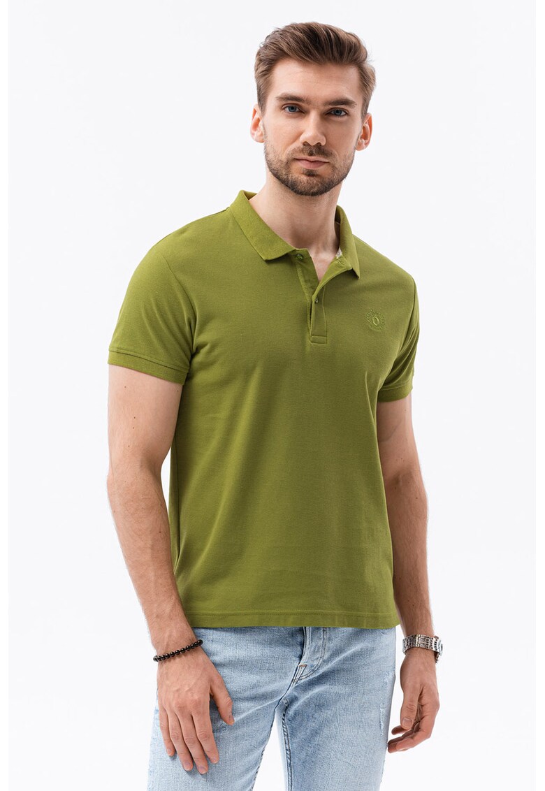 Tricou polo din bumbac cu model pique - Verde masliniu