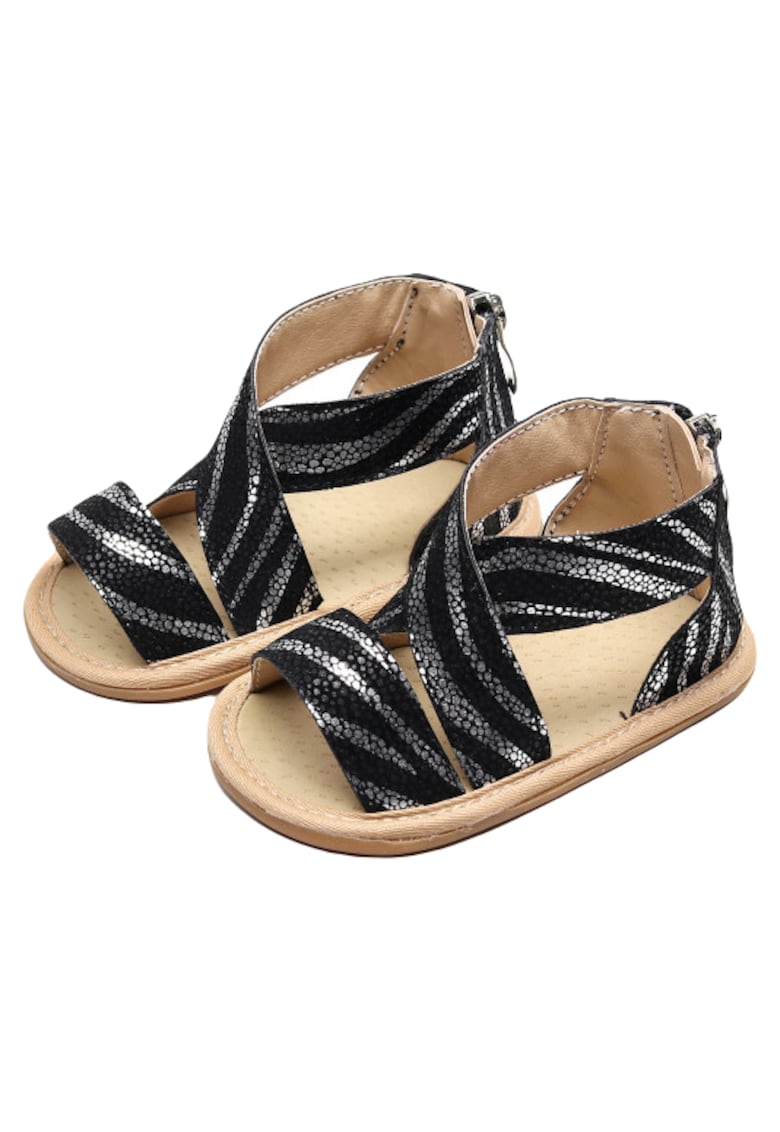 Sandalute Negre Cu Dungi Arginti - Textil - Fete