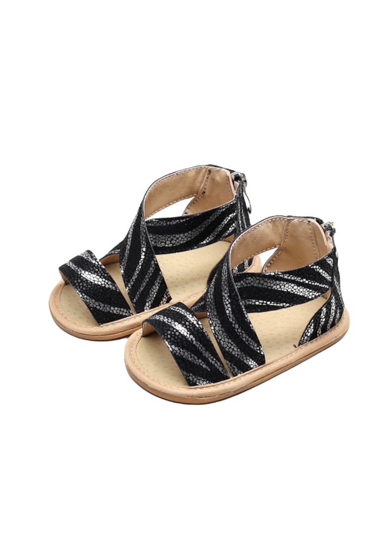 Sandalute Negre Cu Dungi Arginti - Textil - Fete