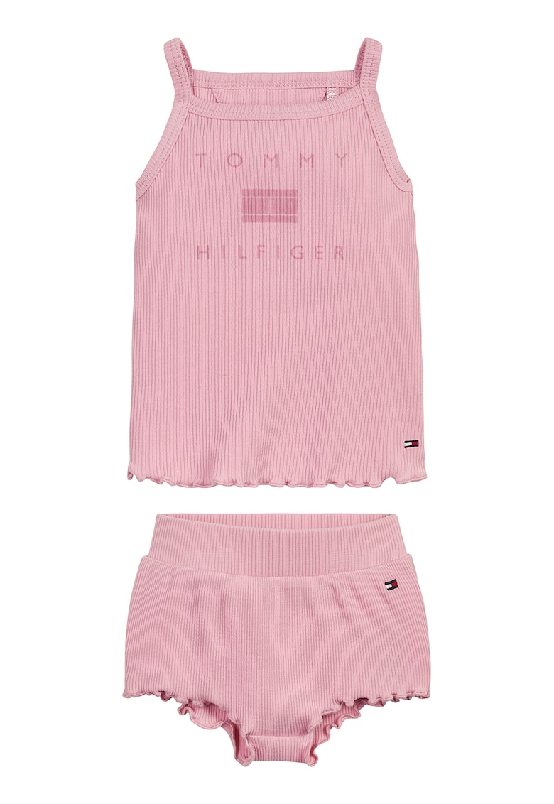 Set de top si pantaloni scurti din amestec de bumbac organic cu aspect striat - 2 piese