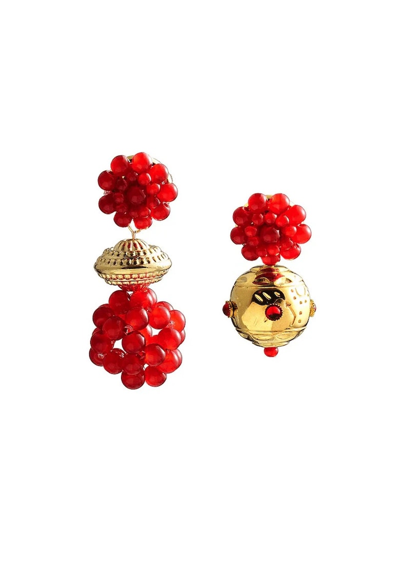 Cercei aurii - asimetrici - cu margelute rosii - Ady C5 -