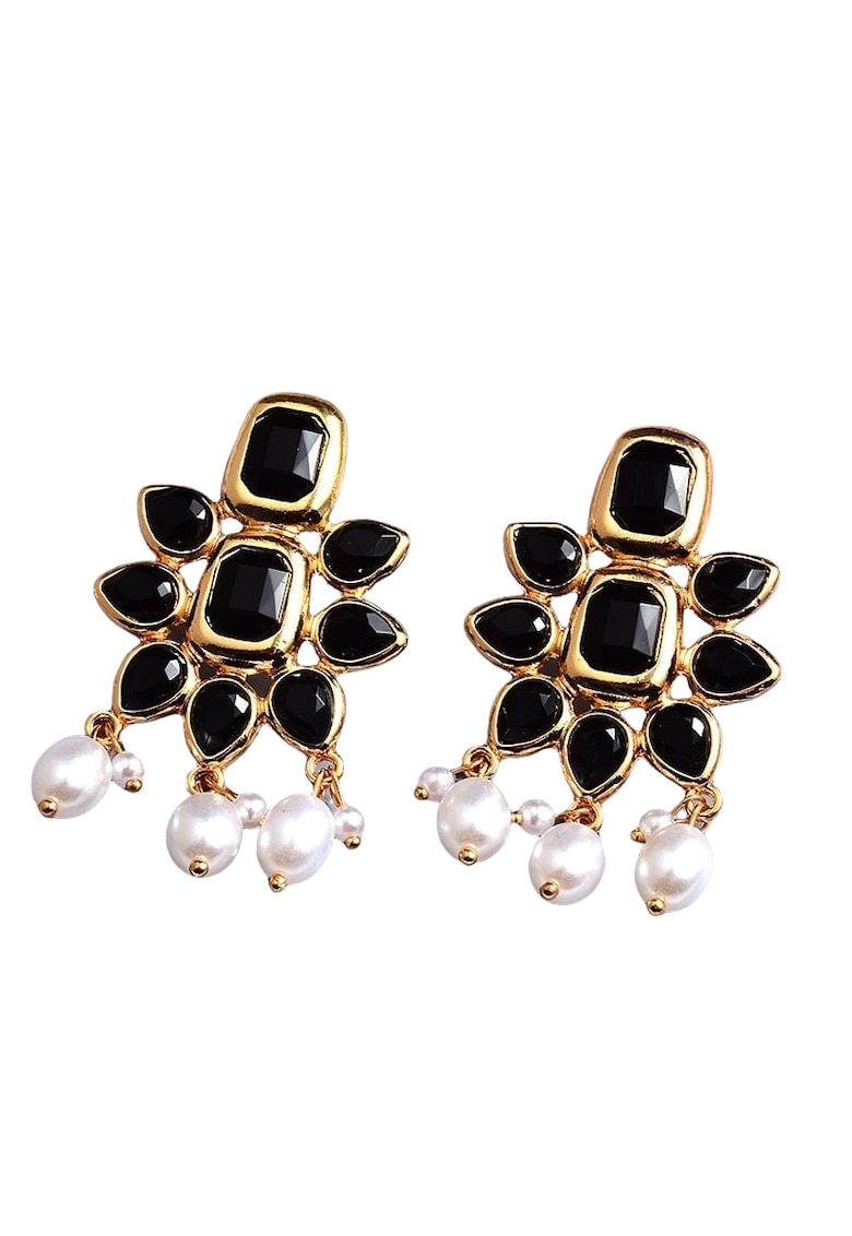 Cercei aurii - forma de floare - cu pietre negre si perle - Wolga C4 -