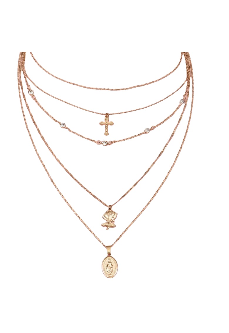 Colier in 5 straturi - auriu - cu cruciulita si trandafir - Duve C25 -