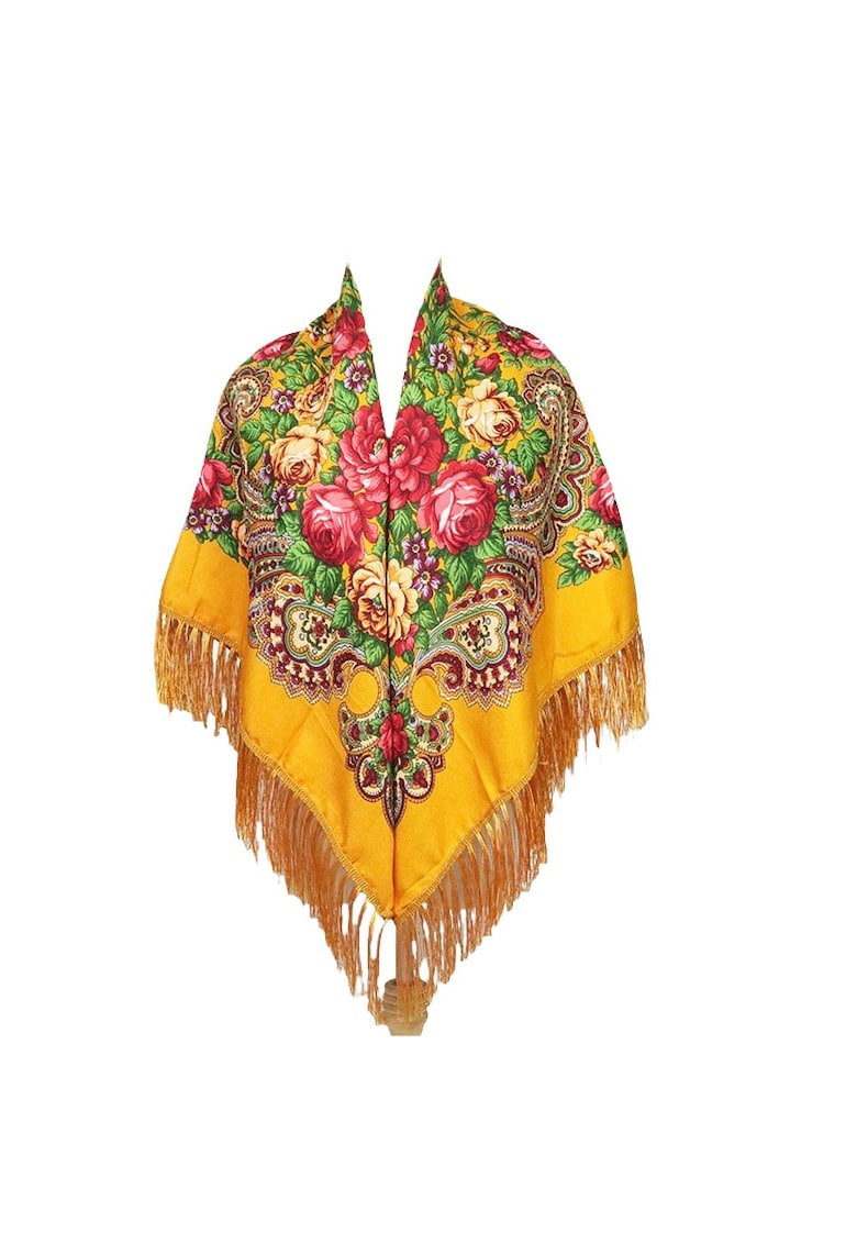 Esarfa patrata - galbena - cu franjuri si imprimeu floral - Anka C3 -