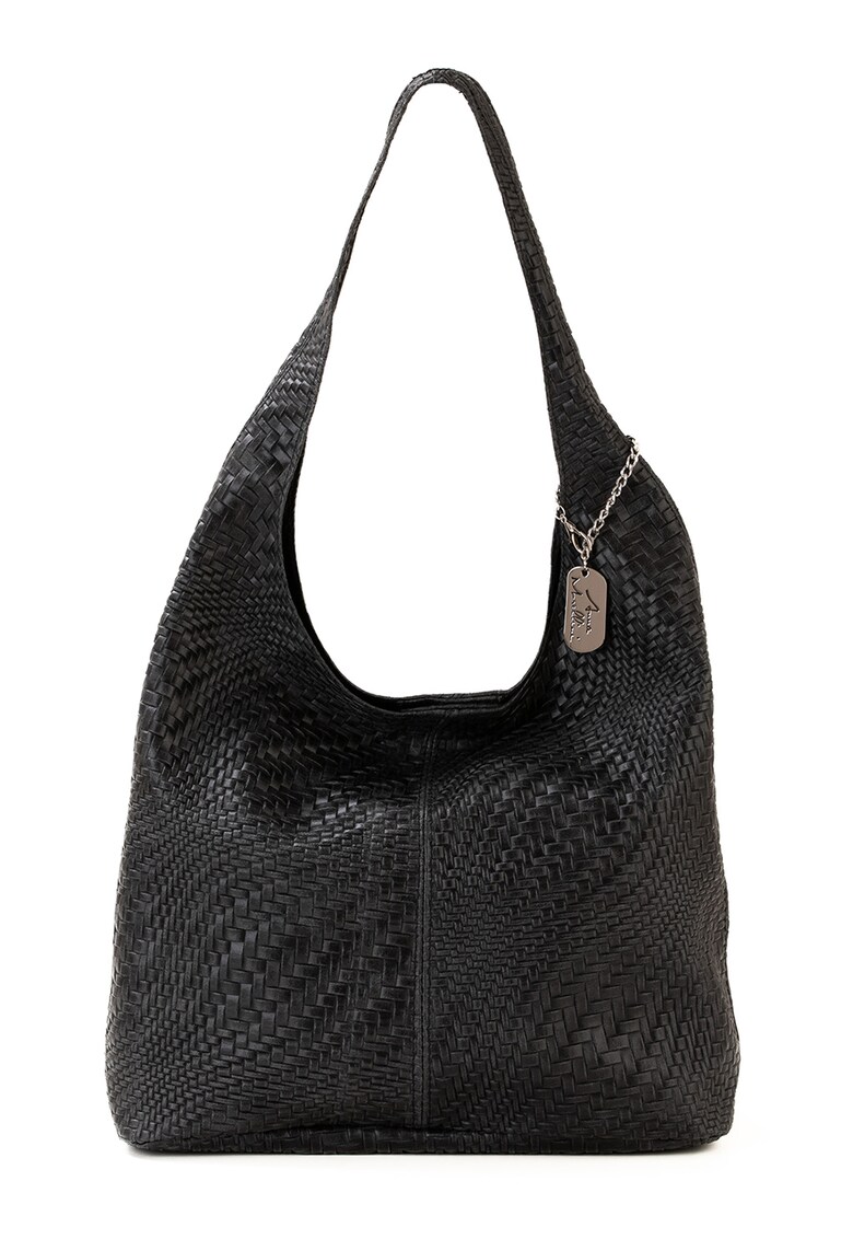 Geanta de piele cu accesoriu logo si bareta de umar - Negru