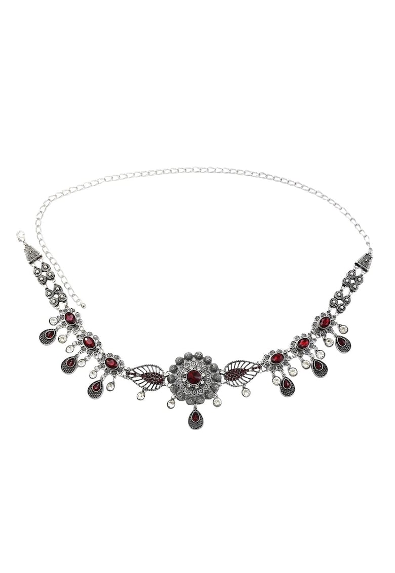Lant de corp - argintiu - cu flori si pietre rosii - Edora C15 -
