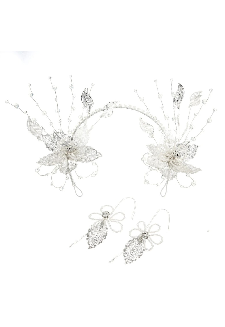Set coronita si cercei - argintiu - cu flori albe si pietre - Danica C16 -