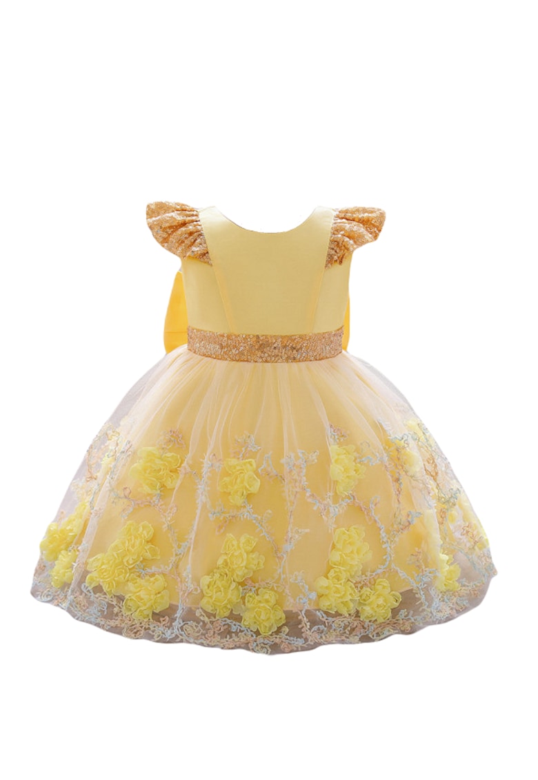 Rochita De Ocazie Galbena Cu Paiete Aurii - Maneca scurta - Floral