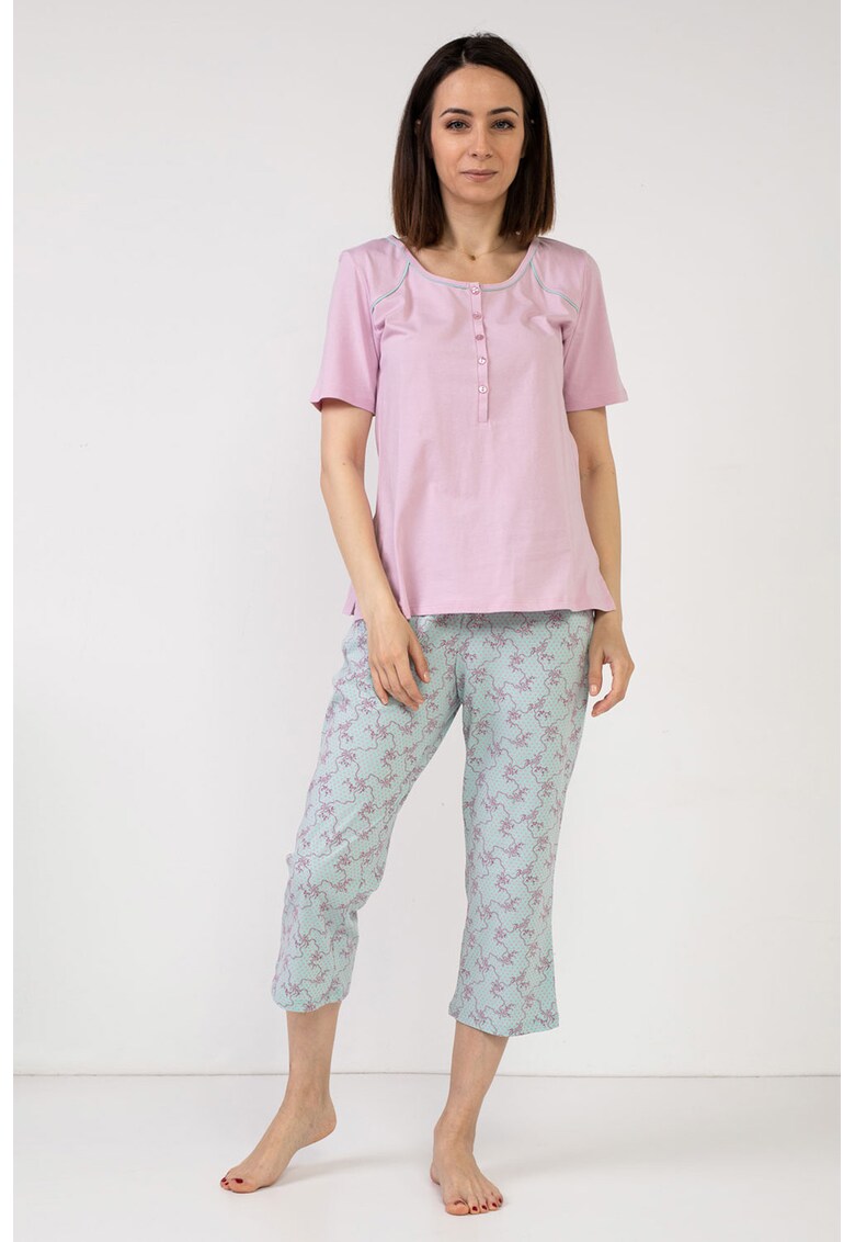 Pijama din bumbac cu decolteu henley