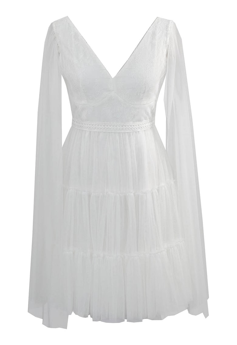 Rochie cu decolteu in V si garnituri de dantela - Alb